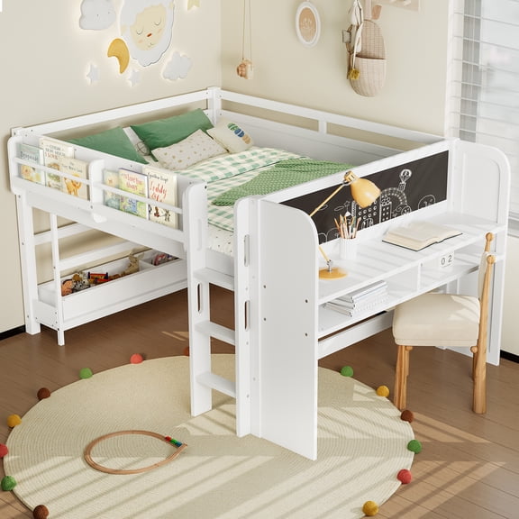 Full Size Bed Frames Full Loft Bed with Multi-storage Bookcases, Boxes and Drawers, Solid Wood Low Loft Beds with Desk and Blackboard, No Box Spring Needed, White,Adjustable Bed Base