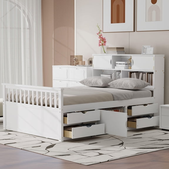 Full Size Bed Frames Full Size Captain Platform Bed Frame with Storage Bookcases and Shelves,Four Drawers,White,Adjustable Bed Base