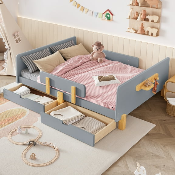 Full Size Bed Frames Full Size Platform Bed with Storage Drawers, Solid Wood Beds Frame with Bed Guardrail, Small Shelf, and Hooks, No Box Spring Needed, Gray,Adjustable Bed Base