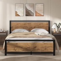 Full Size Bed Frames with Headboard, Industrial Style Full Bed Frame, Bed Frame Full Size with Wooden Footboard, No Box Spring Needed, Noise-Free, Easy Assembly, Black Brown