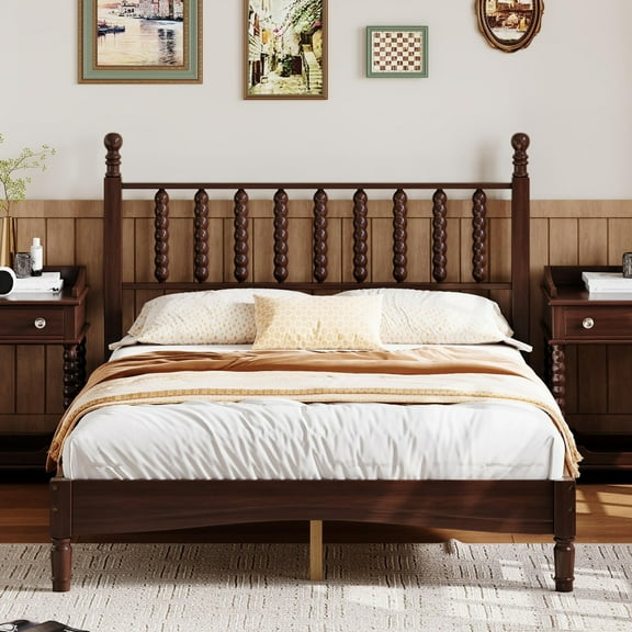 Full Size Bed Frames with Gourd Shaped Headboard, Vintage Natural Wood Platform Bed, Western Spindle Beds, Noise Free, Easy Assembly, Walnut