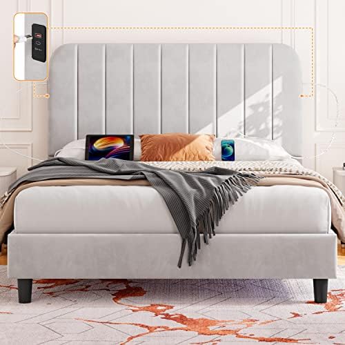 Full Size Bed with Headboard, Velvet Upholstered Platform Bed Full with