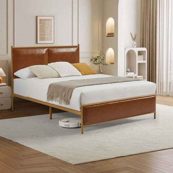 Full Size Bed, Modern Upholstered Platform Bed Frame with Steamed Bread Shaped Backrest, Metal Frame, Square Footboard, and Solid Wood Ribs, Heavy Duty Platform Bed, Coffee