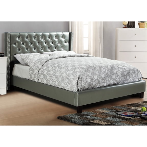 Full Size Bed - Nailhead Tufted Feature - Bedroom Setup - Silver Faux Leather Bed