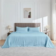 Full Size Bed Sheets, 4 Piece Sheet & Pillowcase Sets Soft Microfiber Luxury Bedding Fitted Sheet Water Washed, Deep Pocket, Light Blue