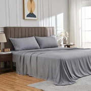 Full Size Bed Sheets, 4 Piece Sheet & Pillowcase Sets Soft Microfiber Luxury Bedding Fitted Sheet Water Washed, Deep Pocket, Light Gray