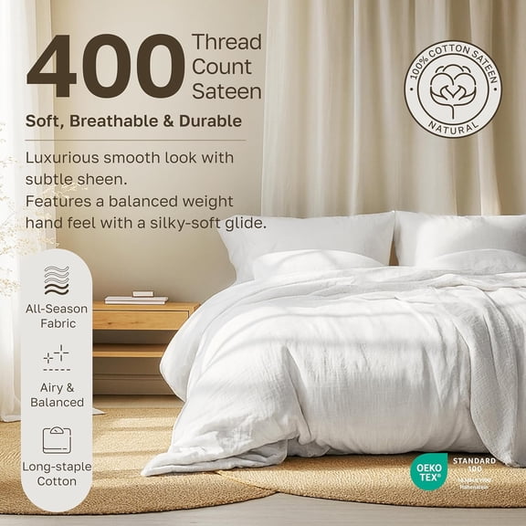 Full Size Bed Sheets Set - Soft 400 Thread Count Sateen, Natural Cotton Sheets Full Size Bed Set, Deep Pockets for a Snug Fit, Bedding - White