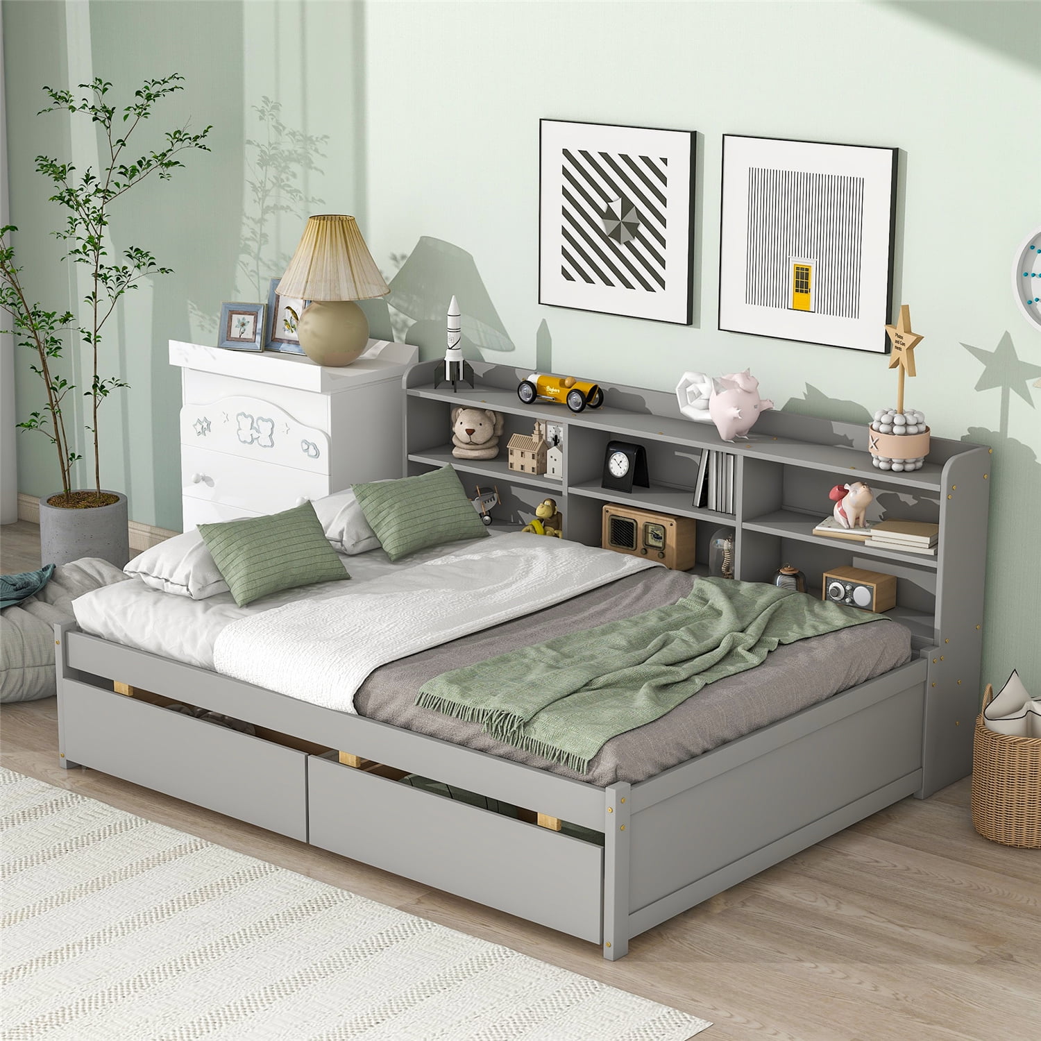 Runwon Full Size Platform Bed with Side Bookcase and 2 Drawers Wood Daybed Perfect for Kids and Teens Bedroom