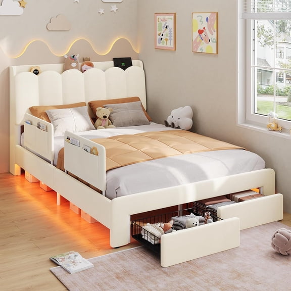 Full Size Bed with Storage Drawer and Charging Station, Velvet Upholstered Platform Bed Frame with LED Lights,Chic Wavy Storage Headboard and Safety Removable Guardrails ,Beige