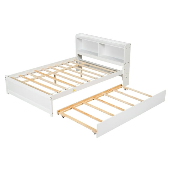 Full Size Bed With Trundle, Pine Wood Full Platform Bed Frame With Headboard Bookcase And Storage Shelves For Bedroom, No Box Spring Needed, Easy Assembly