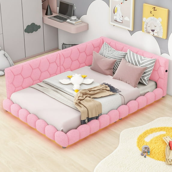Full Size Bed, Upholstered Full Size Platform Bed with USB Ports and LED Belt, Daybed Frame Sofa Bed, Wooden Slats Support, No Box Spring Needed