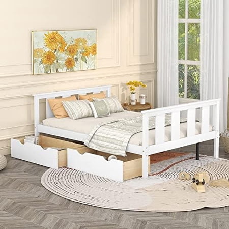 Full Size Bed With 2 Storage Drawers, Wood Full Platform Bed With/Headboard & Footboard, Solid Wood Slat Support, No Box Spring Needed (Full, White)