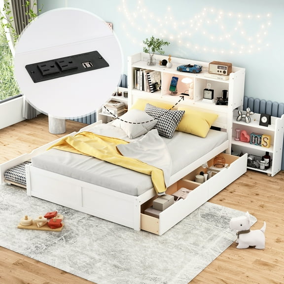 Full Size Bed With Pull Out Shelves, Twin Trundle, 2 Drawers, Firm Solid Wood, No Box Spring, White Storage Platform Stable Spring