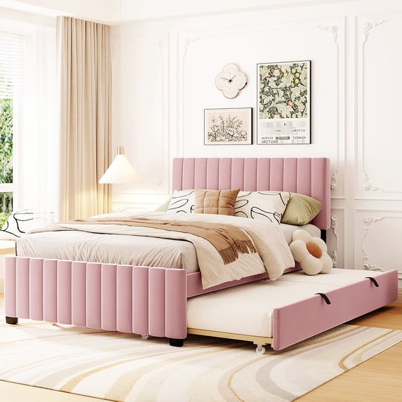 Full Size Bed With Twin Trundle In Soft Pink Velvet - Long-lasting & Versatile Construction Elegant Upholstered Functional