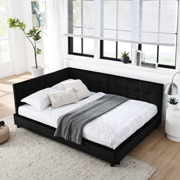 Full Size Bed With Velvet Upholstery - Stable Structure And For Bedroom Living Room Black Upholstered Frame Covered Fits Color