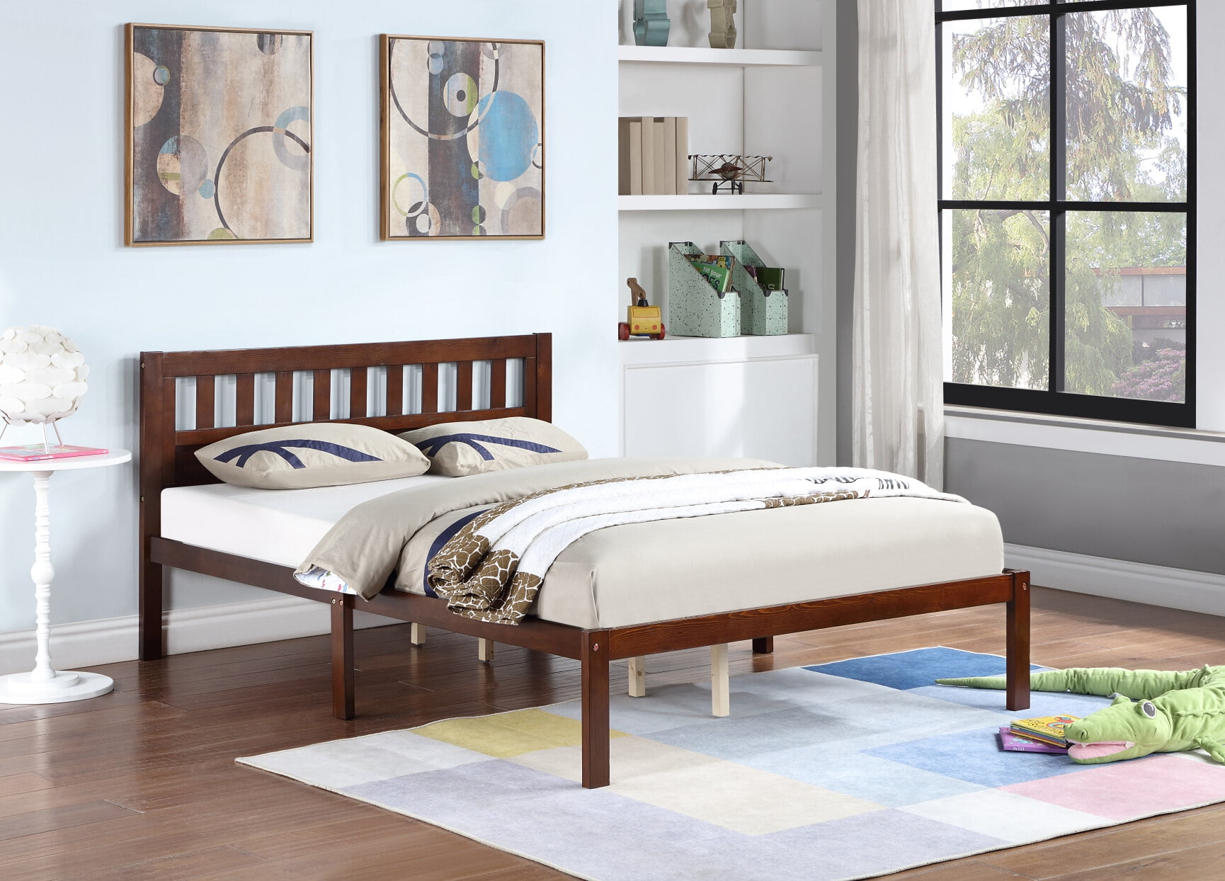 Full Size Bed, Wood Platform Bed Frame with Headboard for Kids Teens