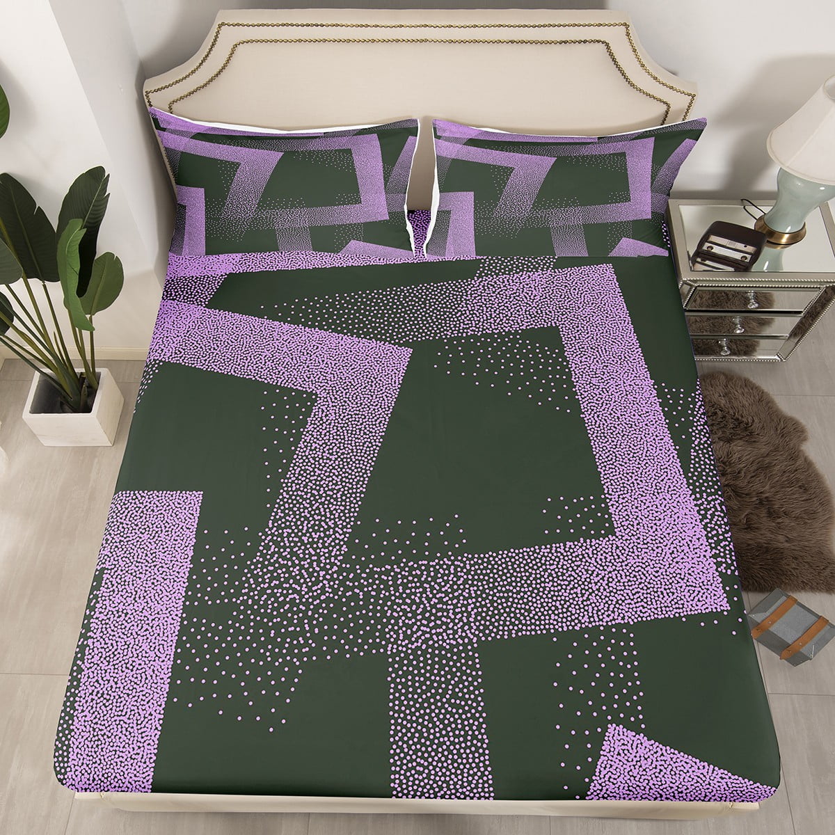 Full Size Bed Set Geometry Pattern, Trendy Abstract Squares Fitted ...