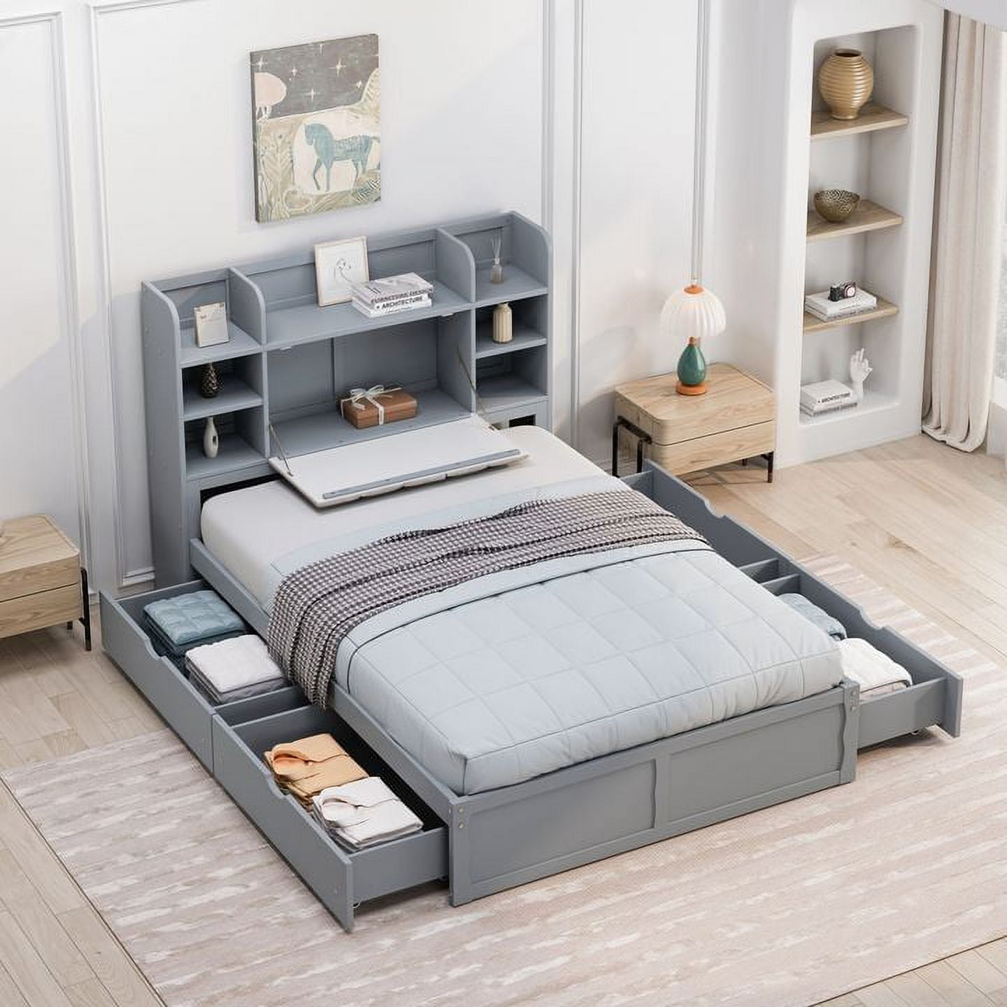 Full Size Bed with 4 Under-bed Portable Storage Drawers and Multi-tier ...