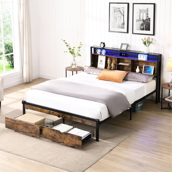 Full Size Bed with Footboard and Remote - Controlled LED / Under - Bed Storage, No Box Spring