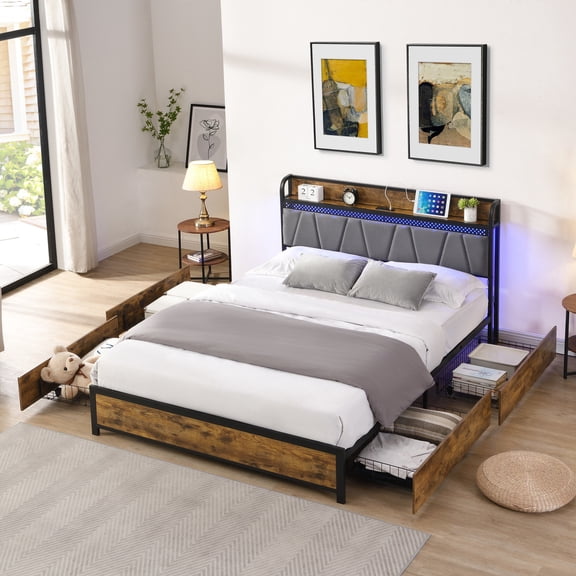 Full Size Bed with Multi - Function LED and Heavy - Duty Slats / Relax at Night and Sleep on a Sturdy Bed