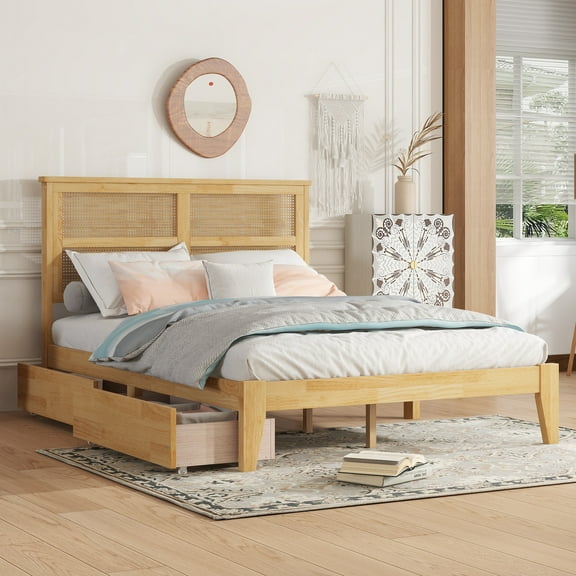 Full Size Bed with Rattan Headboard, Two Storage Drawers, Rubber Wood Bed with Enhanced Support Slats and Feet, White Oak