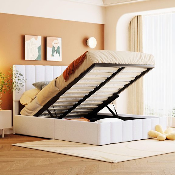 Full Size Bed with Storage and Upholstered Headboard | Hydraulic Design, Sturdy Structure, Comfortable Backrest