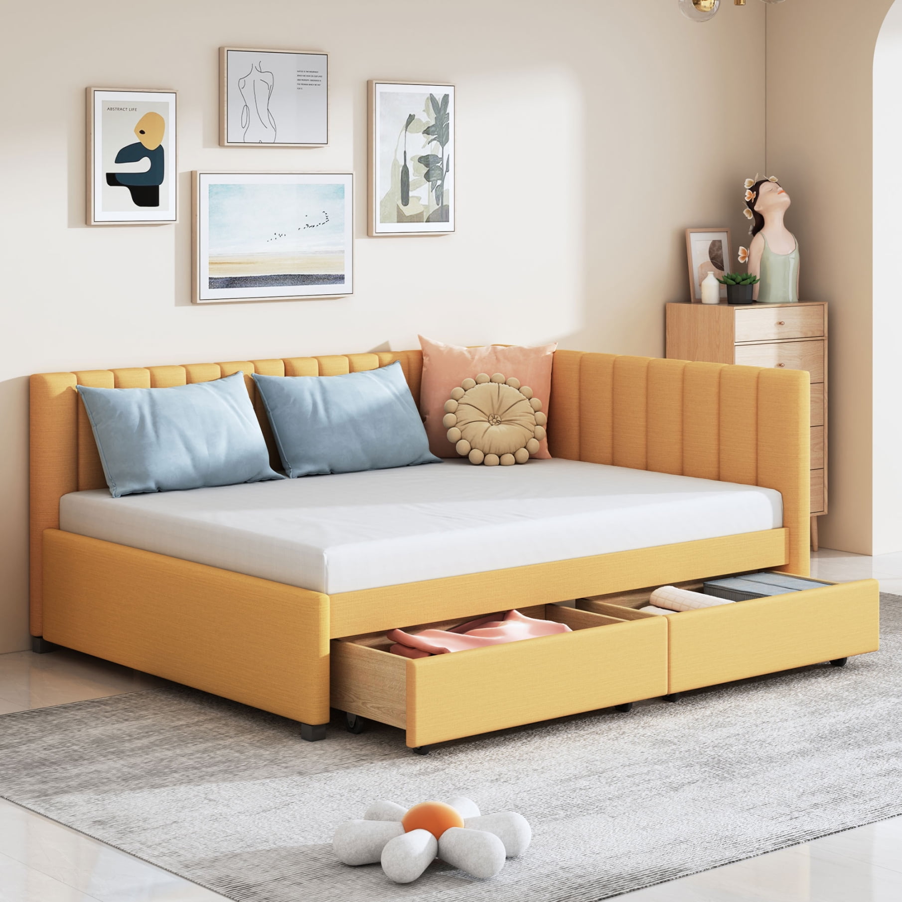 Full Size Bed with Two Drawer Upholstered Daybed with comfy Linen Fabric Backrest for Bedroom Apartment Guest Room No Box Spring Needed Yellow