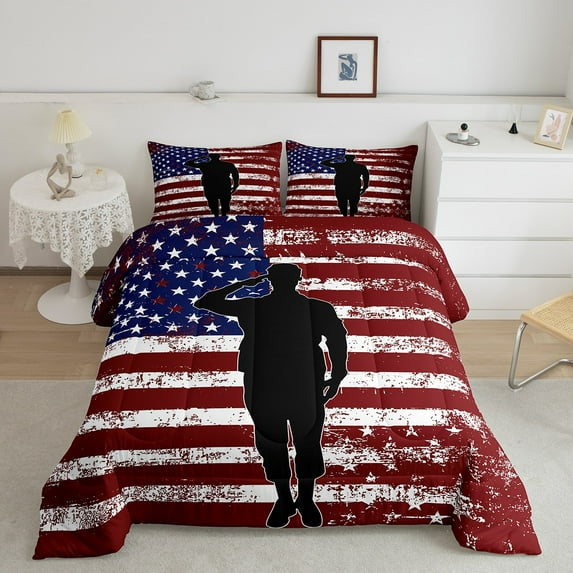 Full Size Bedding Set American Flag Comforter Youth Teens Military Theme Bedding Soldier Silhouette Bedding Comforter Sets Vintage Grunge Usa Flag Duvet Insert with 2 Pillow Cases