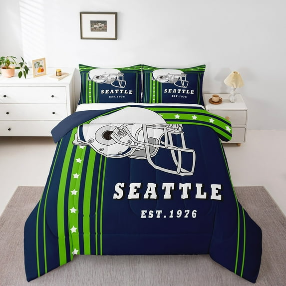 Full Size Bedding Sets for Boys American Football Comforter Set, Football Game Sports Theme Bed Comforter Set Navy Blue Fluorescent Green Duvet Set with 2 Pillowcases (Seattle)