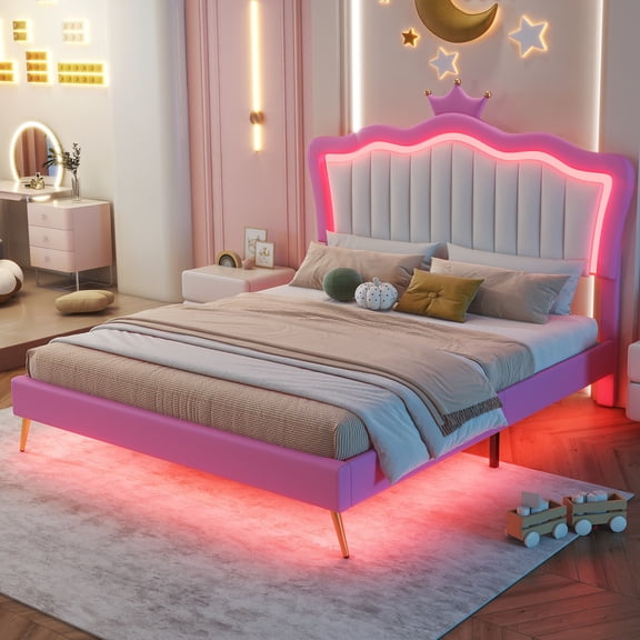 Full Size Bedroom Bed Frame With Led Lights & Crown Headboard, Pink+white, And Silent, 500 Lbs Capacity Upholstered Noiseless Essential