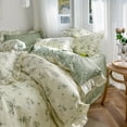 thumbnail image 1 of Full Size Beige & Green Floral Comforter Set - 3 Piece Ruffled Lace Bedding Set with Reversible Design, 1 of 8