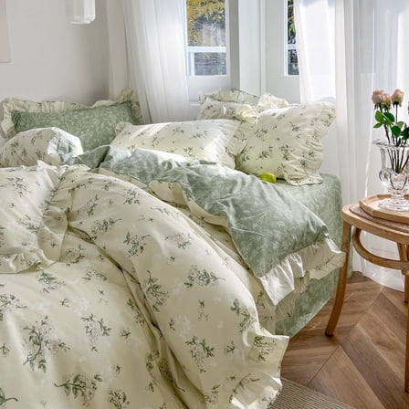 Full Size Beige & Green Floral Comforter Set - 3 Piece Ruffled Lace Bedding Set with Reversible Design