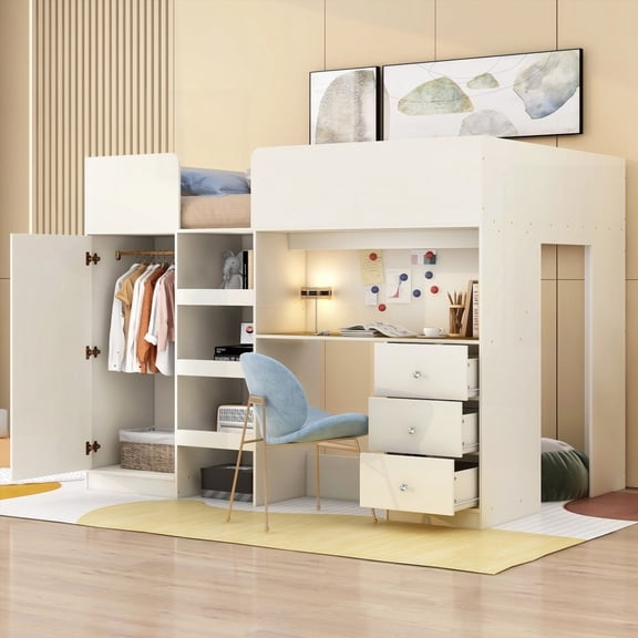 Full Size Beige Loft Bed w/Integrated Wardrobe, Desk & Storage