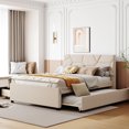 thumbnail image 1 of Full Size Beige Upholstered Platform Bed With Brick Headboard, Twin Trundle And 2 Drawers, Linen Fabric, Particle Board, No Box Spring Required Elegant In Beige, Pattern & Spring, Stable Wood Frame, 1 of 7