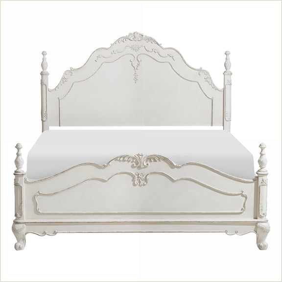 Full Size Birch Veneer Wood Bed Frame - Victorian Floral Carving Antique White Gray Rub-Through Traditional Bedroom