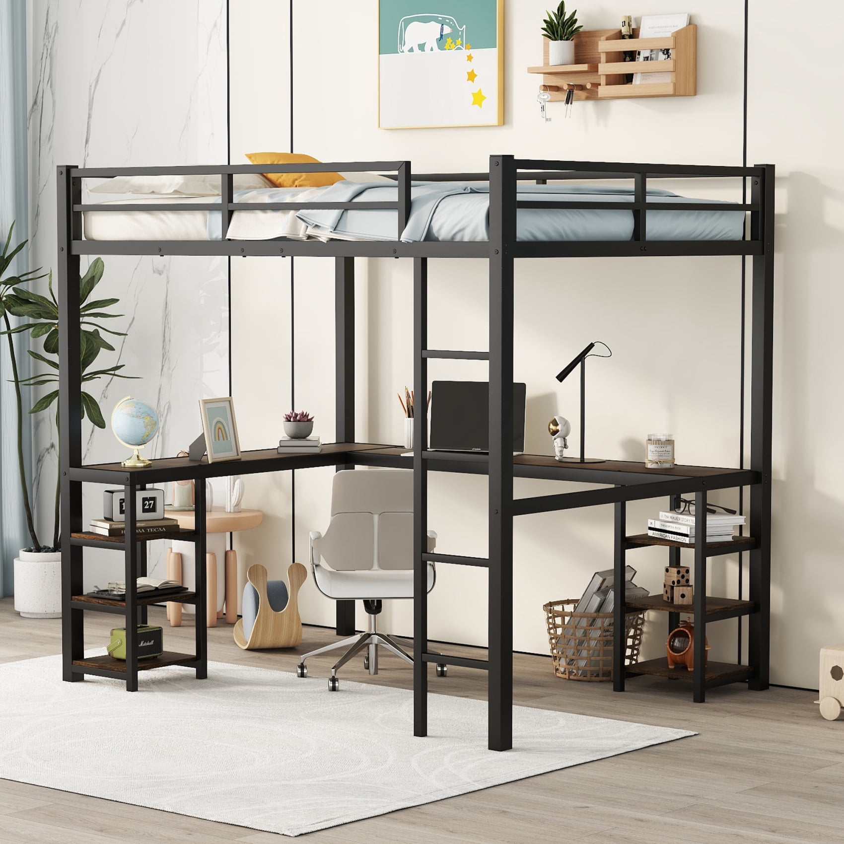 Full Size Black Loft Bed with L-shaped Desk and 3-tier Wooden Shelves ...