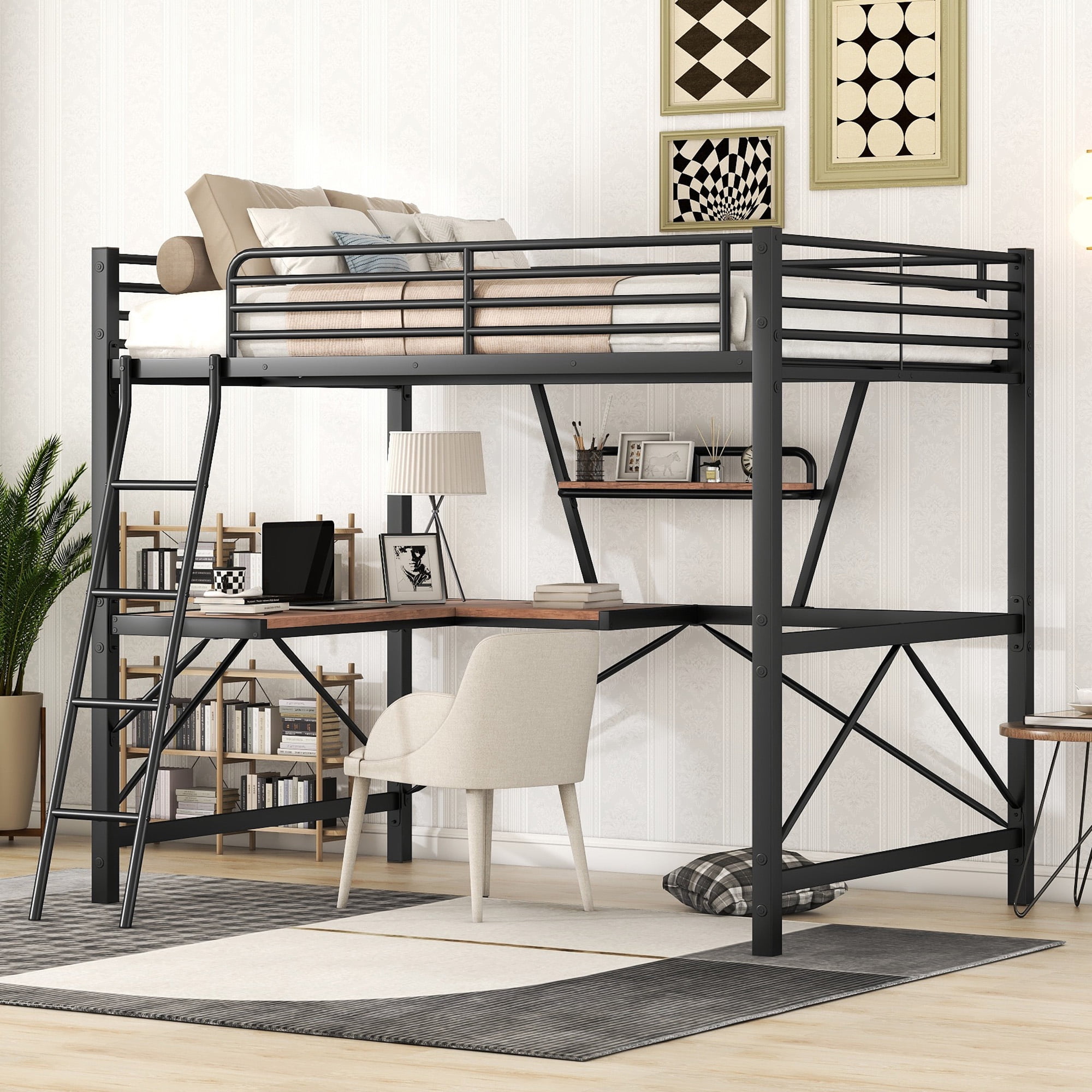 Full Metal Loft Bed with Desk and Shelf - Black & Vintage Wood