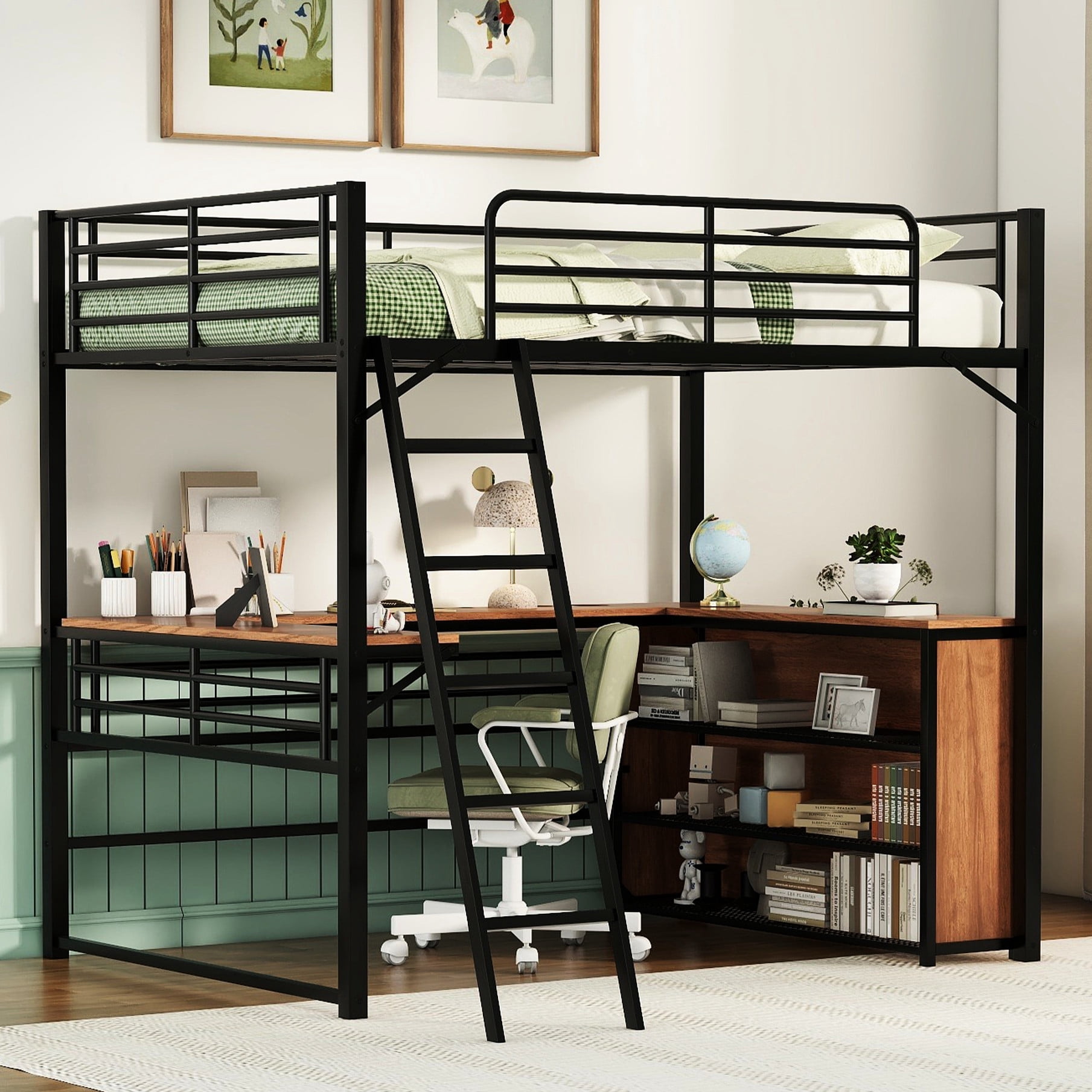Full Size Black Metal Loft Bed, 3 Layers of Shelves and L - shaped ...