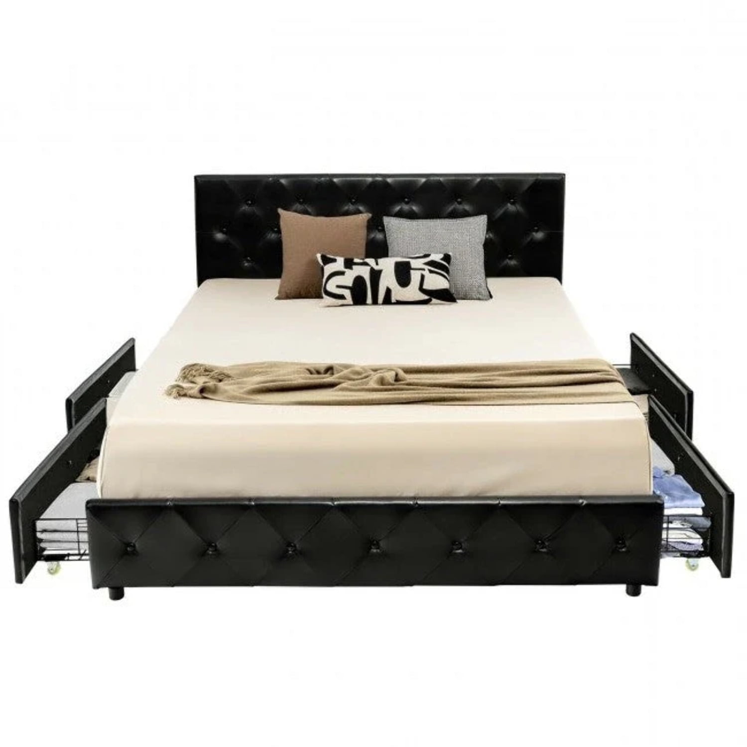 Full Size Black PU Leather Tufted Platform Bed with Storage Drawers
