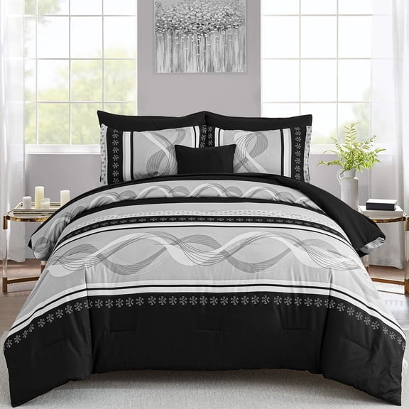 Full Size Black Patchwork Striped Bed-in-a-Bag Bedding Set