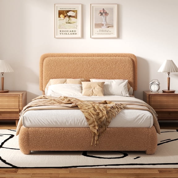 VIPLOV Full Size Boucle Bed Frame, Cloud Upholstered Platform Bed with Height Adjustable Headboard & Soft Rounded Corners, No Noise Free, Easy Assembly,Brown