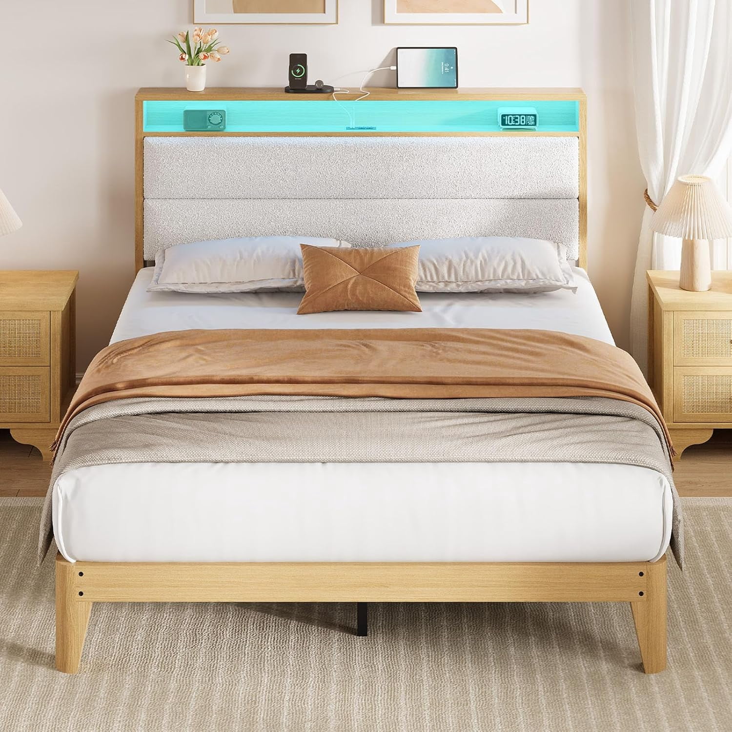 Full Size Boucle Bed Frame with Headboard and LED Lights, Upholstered ...