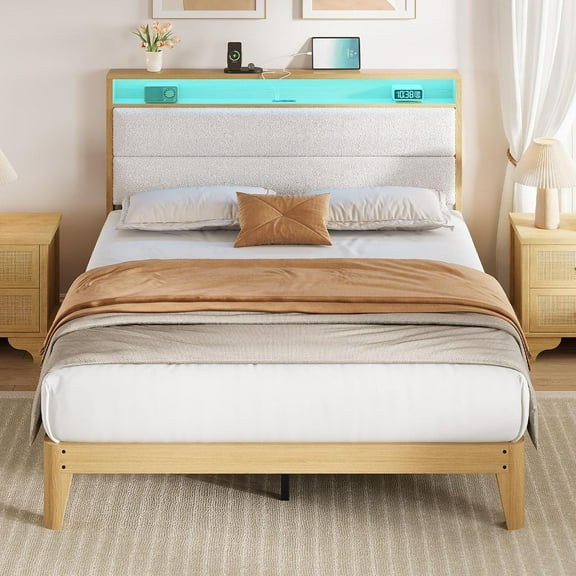 Full Size Boucle Bed Frame with Headboard and LED Lights, Upholstered Platform Bed Frame with Charging Station and 2-Tier Storage Shelves, No Box Spring Needed, Easy Assembly, White