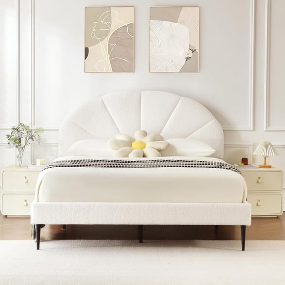 Full Size Boucle Bed Frame with Seashell Headboard, Upholstered Cloud Platform Bed, Rounded Corners, Wooden Slats Support, No Box Spring Needed, Easy Assembly, Cream White