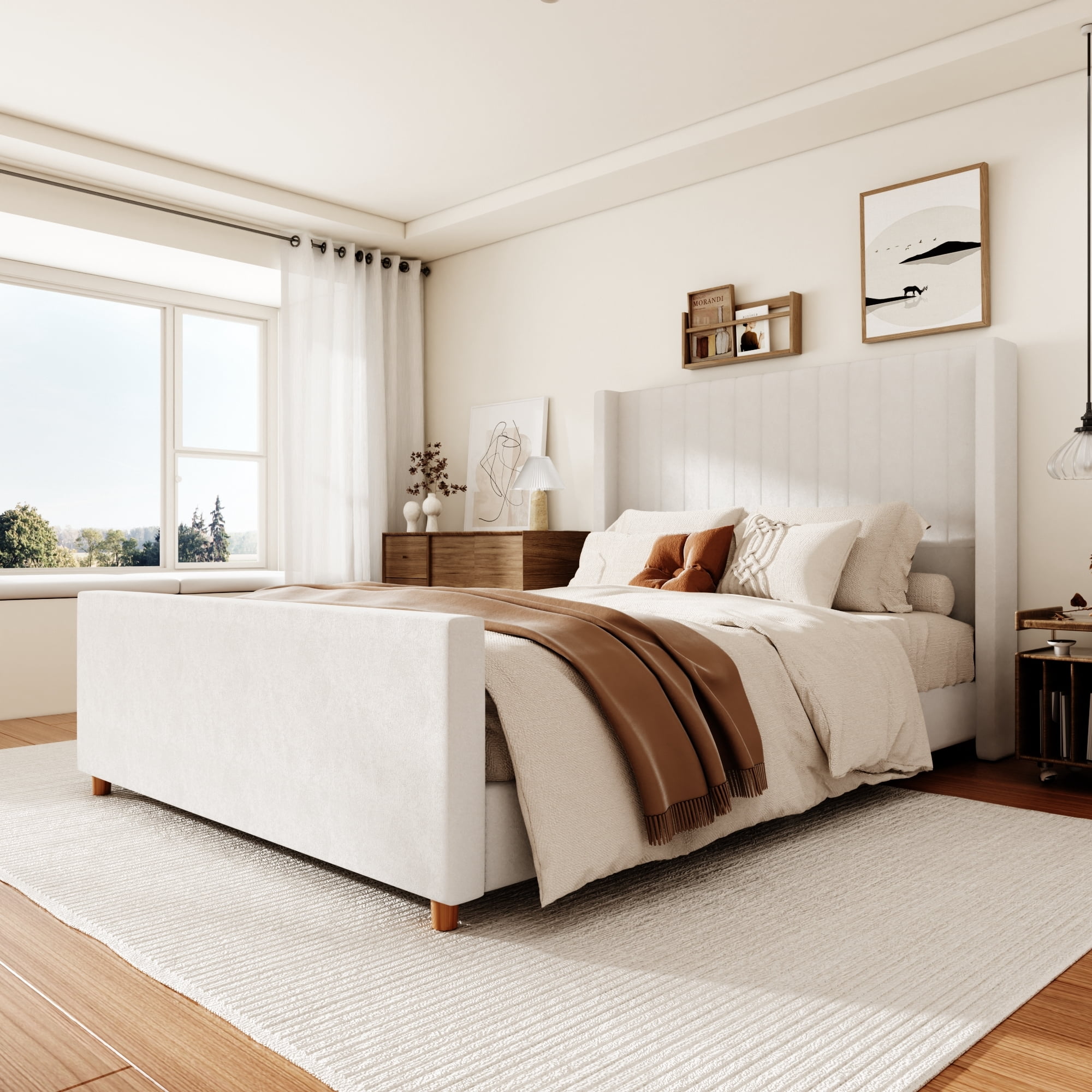 Queen Size Bed Frame, Upholstered Platform Bed with 58.2" Tall Headboard & Footboard, Soft Velvet Fabricbed Bed, Easy Assembly, Beige