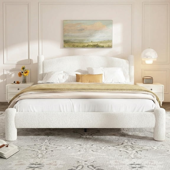 Full Size Boucle Bed Frame, Upholstered Platform Cloud Bed with Soft Round Headboard & Cylindrical Legs, Heavy Duty & Noise Free, No Box Spring Needed, Easy Assembly
