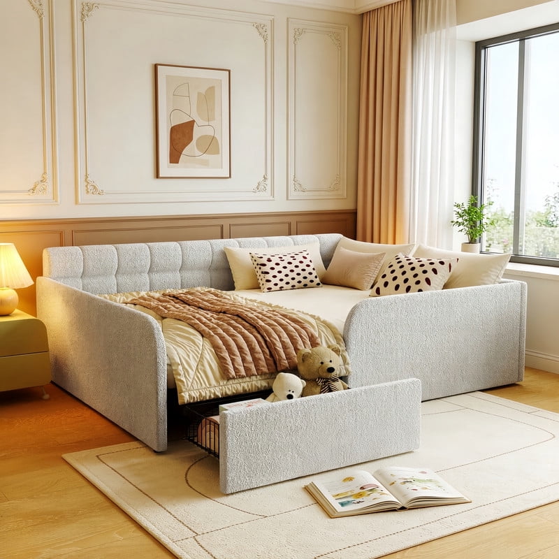 Full Size Boucle Daybed with Metal Drawer on Wheels, Storage Platform Bed Frame with Guardrails, Upholstered Low Profile Bed