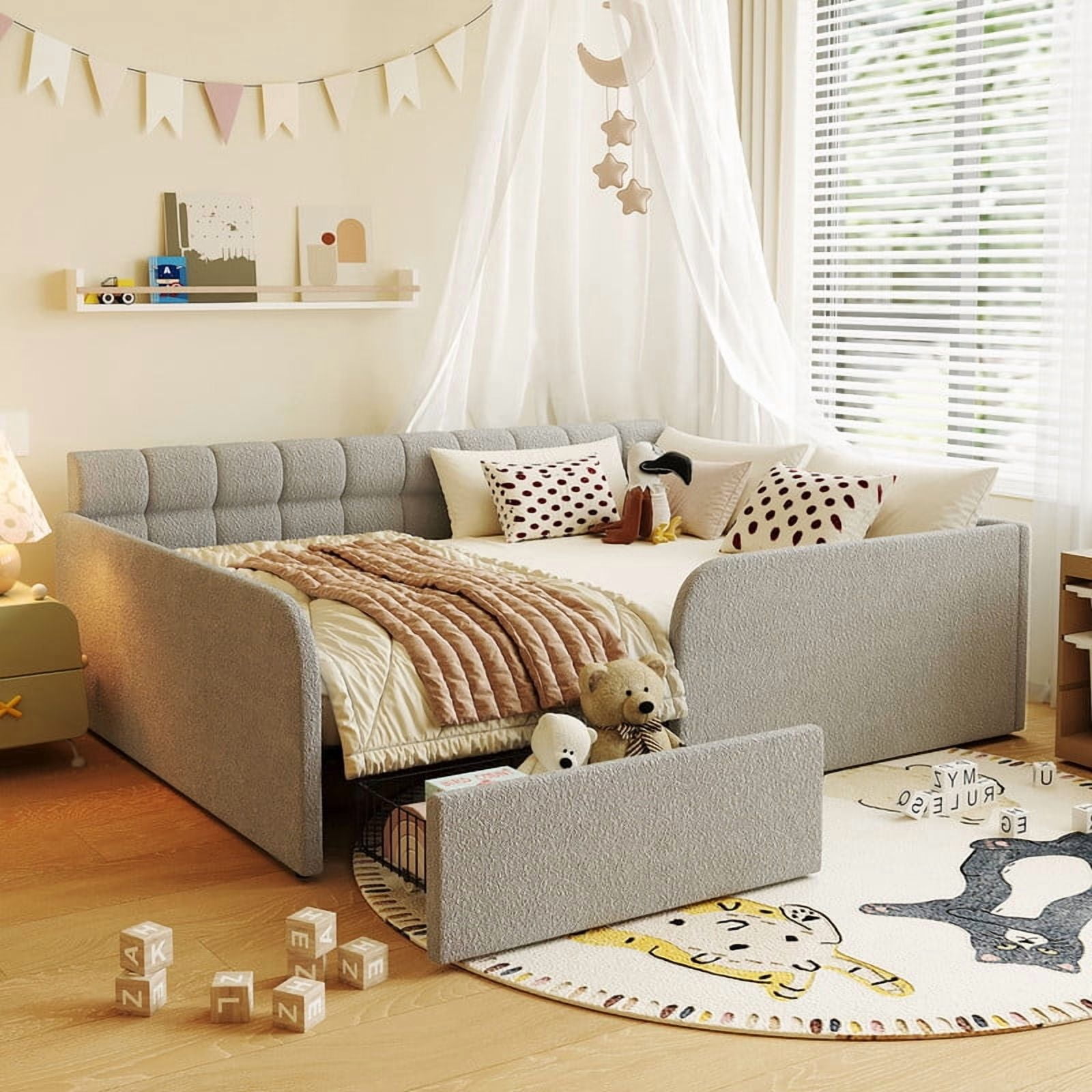 Full Size Boucle Daybed with Metal Drawer on Wheels, Storage Platform Bed Frame with Guardrails, Upholstered Low Profile Bed