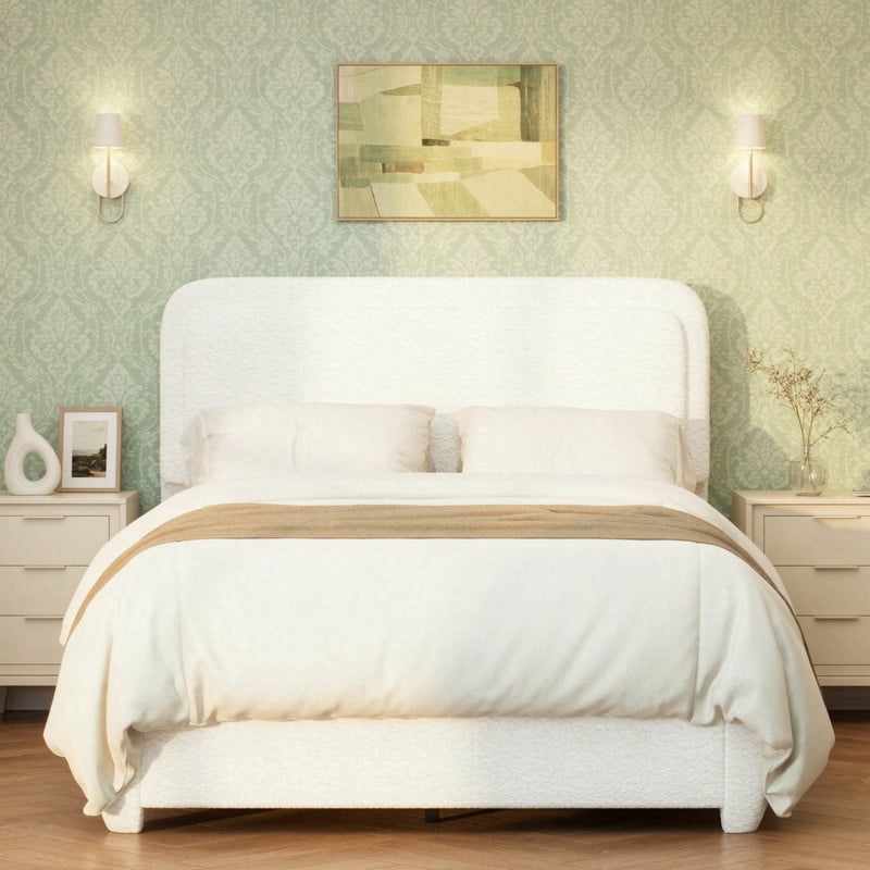 Full Size Boucle Upholstered Bed Frame with Adjustable Height Headboard, Low-Profile Platform Bed with Mattress Anti-Slip Holder