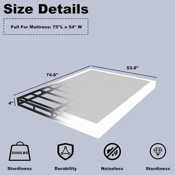 Full Size Box Spring 4 Inch Heavy Duty Metal Mattress Foundation with Easy Clean Cover Noise Free Low